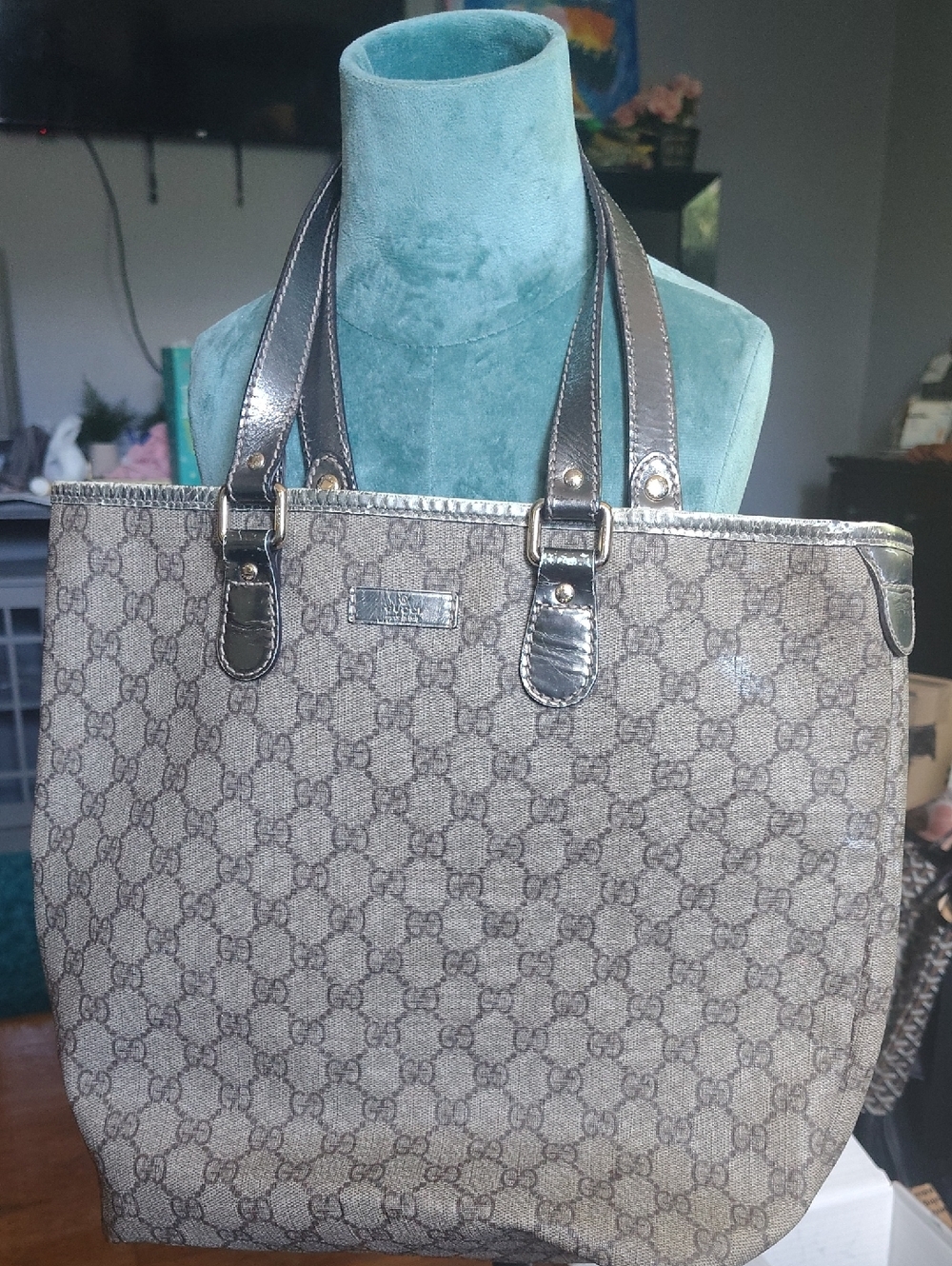 Gucci Beige Monogram Canvas Tote with Dark Brown Trim